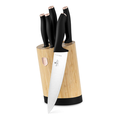 Product image of 6pcs knife set with BAMBOO stand. Part of the Black Rose Collection . Features: • Material: stainless steel • Chef knife 20 cm • Bread knife 20 cm • Santoku knife 17,5 cm • Utility knife 12,5 cm • Paring knife 9 cm • BAMBOO sta.... (Studio view). Official Berlinger Haus product, boosted by Promintra sl.