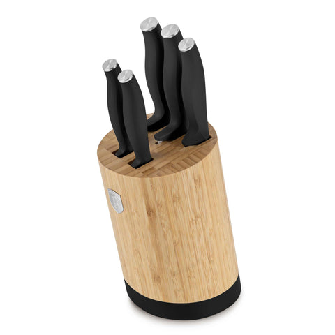 Product image of 6pcs knife set with BAMBOO stand. Part of the Black Vantage Collection/Matte Black Collection/Black Silver Collection . Features: • Material: stainless steel • Chef knife 20 cm • Bread knife 20 cm • Santoku knife 17,5 cm • Utility knife 12,5 cm • Paring knife 9 cm • BAMBOO sta.... (Studio view). Official Berlinger Haus product, boosted by Promintra sl.