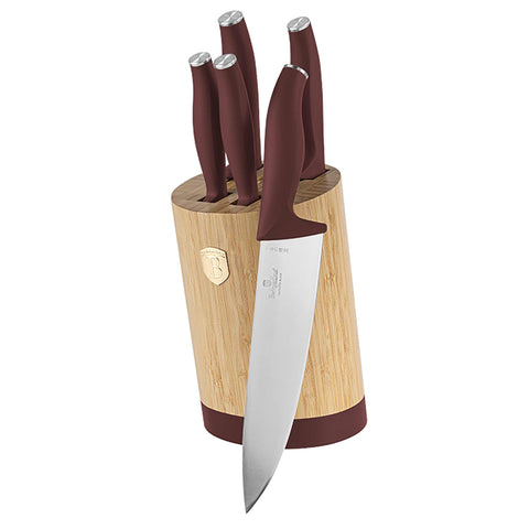 Product image of 6pcs knife set with BAMBOO stand. Part of the Leonardo Collection . Features: • Material: stainless steel • Chef knife 20 cm • Bread knife 20 cm • Santoku knife 17,5 cm • Utility knife 12,5 cm • Paring knife 9 cm • BAMBOO sta.... (Studio view). Official Berlinger Haus product, boosted by Promintra sl.