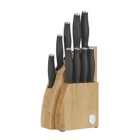Product image of 10pcs knife set with BAMBOO stand. Part of the Anthracite Collection . Features: • Material: stainless steel • Chef knife 20 cm • Bread knife 20 cm • Santoku knife 17,5 cm • Utility knife 12,5 cm • Paring knife 9 cm • Steak knif.... (Studio view). Official Berlinger Haus product, boosted by Promintra sl.