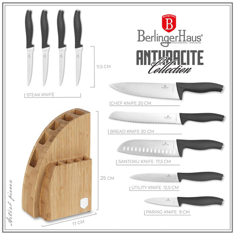 Product image of 10pcs knife set with BAMBOO stand. Part of the Anthracite Collection . Features: • Material: stainless steel • Chef knife 20 cm • Bread knife 20 cm • Santoku knife 17,5 cm • Utility knife 12,5 cm • Paring knife 9 cm • Steak knif.... (Studio view). Official Berlinger Haus product, boosted by Promintra sl.