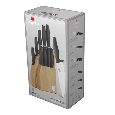 Product image of 10pcs knife set with BAMBOO stand. Part of the Anthracite Collection . Features: • Material: stainless steel • Chef knife 20 cm • Bread knife 20 cm • Santoku knife 17,5 cm • Utility knife 12,5 cm • Paring knife 9 cm • Steak knif.... (Studio view). Official Berlinger Haus product, boosted by Promintra sl.