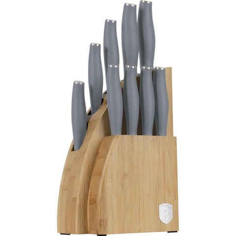 Product image of 10pcs knife set with BAMBOO stand. Part of the Aspen Collection . Features: • Material: stainless steel • Chef knife 20 cm • Bread knife 20 cm • Santoku knife 17,5 cm • Utility knife 12,5 cm • Paring knife 9 cm • Steak knif.... (Studio view). Official Berlinger Haus product, boosted by Promintra sl.