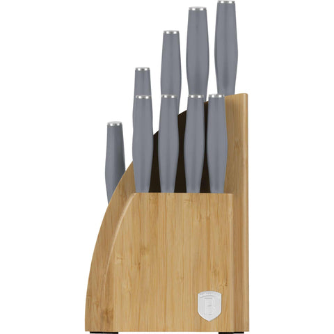 Imatge del producte d'un joc de ganivets de 10 peces amb estand BAMBOO. Part de la col·lecció Aspen. Característiques: • Material: acer inoxidable • Ganivet Xef 20 cm • Ganivet de pa 20 cm • Ganivet Santoku 17,5 cm • Ganivet multiusos 12,5 cm • Ganivet de pelar 9 cm • Ganivet de carn... (Vista d'estudi). Producte oficial de Berlinger, impulsat per Promintra sl.