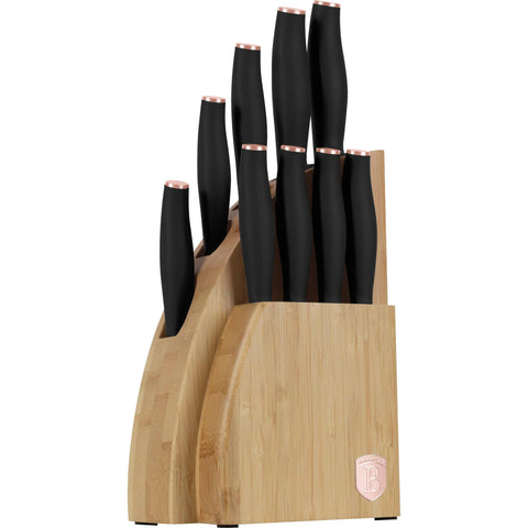 Product image of 10pcs knife set with BAMBOO stand. Part of the Black Rose Collection . Features: • Material: stainless steel • Chef knife 20 cm • Bread knife 20 cm • Santoku knife 17,5 cm • Utility knife 12,5 cm • Paring knife 9 cm • Steak knif.... (Studio view). Official Berlinger Haus product, boosted by Promintra sl.