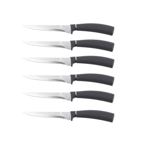 Product image of 6pcs steak knife set. Part of the Metallic Line Carbon Pro Edition . Features: • Material: stainless steel • 6 pcs steak knife 11,5 cm • Color: dark grey REGISTERED DESIGN BY BERLINGER HAUS!. (Studio view). Official Berlinger Haus product, boosted by Promintra sl.