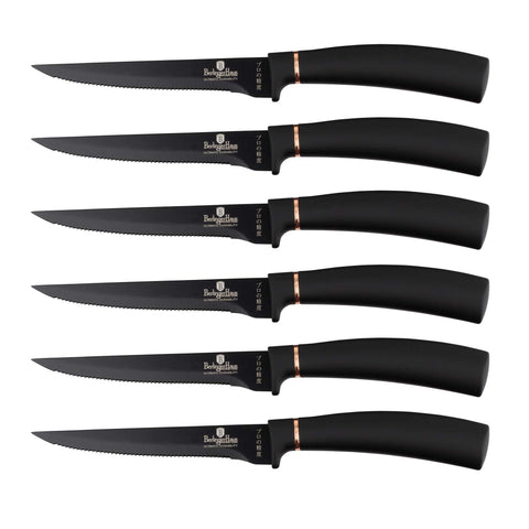 Product image of 6pcs steak knife set. Part of the Black Rose Collection . Features: • Material: stainless steel with non-stick coating • 6 pcs steak knife 11,5 cm • Color: black- rose gold REGISTERED DESIGN BY BERLINGER HAUS!. (Studio view). Official Berlinger Haus product, boosted by Promintra sl.