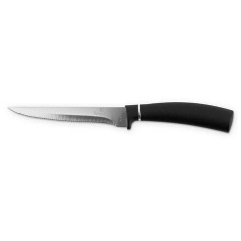 Product image of 6pcs steak knife set. Part of the Black Vantage Collection/Matte Black Collection/Black Silver Collection . Features: • Material: stainless steel • 6 pcs steak knife 11,5 cm • Color: black- silver REGISTERED DESIGN BY BERLINGER HAUS!. (Studio view). Official Berlinger Haus product, boosted by Promintra sl.