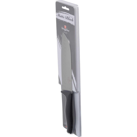 Product image of Santoku knife 17,5cm. Part of the Black Vantage Collection/Matte Black Collection/Black Silver Collection . Features: • Material: stainless steel • Size: 17,5 cm • Color: black- silver REGISTERED DESIGN BY BERLINGER HAUS!. (Studio view). Official Berlinger Haus product, boosted by Promintra sl.
