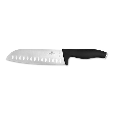 Product image of Santoku knife 17,5cm. Part of the Black Vantage Collection/Matte Black Collection/Black Silver Collection . Features: • Material: stainless steel • Size: 17,5 cm • Color: black- silver REGISTERED DESIGN BY BERLINGER HAUS!. (Studio view). Official Berlinger Haus product, boosted by Promintra sl.