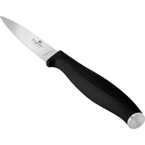 Product image of Paring knife 9cm. Part of the Black Vantage Collection/Matte Black Collection/Black Silver Collection . Features: • Material: stainless steel • Size: 9 cm • Color: black- silver REGISTERED DESIGN BY BERLINGER HAUS!. (Studio view). Official Berlinger Haus product, boosted by Promintra sl.