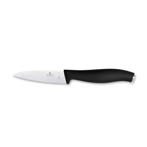Product image of Paring knife 9cm. Part of the Black Vantage Collection/Matte Black Collection/Black Silver Collection . Features: • Material: stainless steel • Size: 9 cm • Color: black- silver REGISTERED DESIGN BY BERLINGER HAUS!. (Studio view). Official Berlinger Haus product, boosted by Promintra sl.