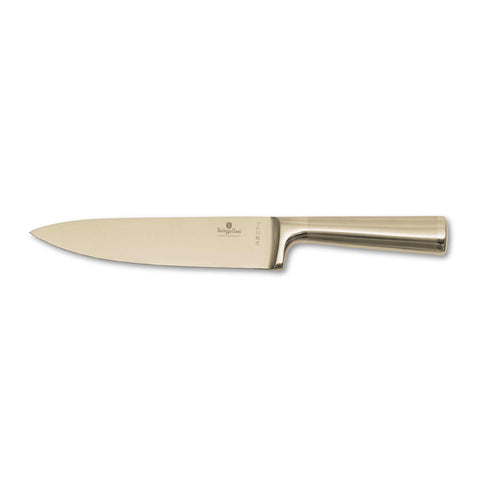 Product image of Chef knife 20cm. Part of the Sahara Collection/Leonardo Collection . Features: • Material: stainless steel with satin and mirror polish handle • Size: 20 cm • Color: gold. (Studio view). Official Berlinger Haus product, boosted by Promintra sl.