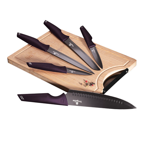 BH/2832, BH/2683, juego de 6 cuchillos con tabla de cortar de bambú, morado, juego de 6 cuchillos con tabla de cortar de bambú, juego de cuchillos, cuchillos, cuchillo, tabla de cortar, bambú, Berlinger Haus, Promintra