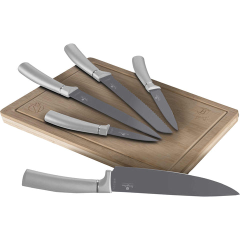 Aspen Collection, bambú, BH/2838, BH/2846, blockknives, cuchillo, cuchillos, gris mate, juego de cuchillos, juego de cuchillos de 6 piezas con tabla de cortar de bambú, kitchenutensil, Knivesset, tabla de cortar