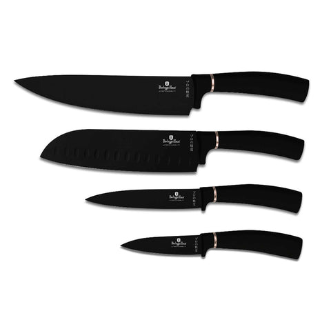 Product image of 4pcs knife set. Part of the Black Rose Collection . Features: • Material: stainless steel with black non-stick coating • Chef knife 20 cm • Santoku knife 17,5 cm • Utility knife 12,5 cm • Paring knife 9 cm • C.... (Studio view). Official Berlinger Haus product, boosted by Promintra sl.
