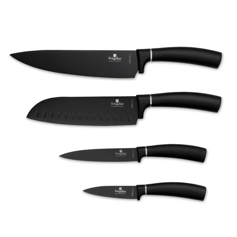 Product image of 4pcs knife set. Part of the Black Vantage Collection/Matte Black Collection/Black Silver Collection . Features: • Material: stainless steel with black- silver non-stick coating • Chef knife 20 cm • Santoku knife 17,5 cm • Utility knife 12,5 cm • Paring knife .... (Studio view). Official Berlinger Haus product, boosted by Promintra sl.