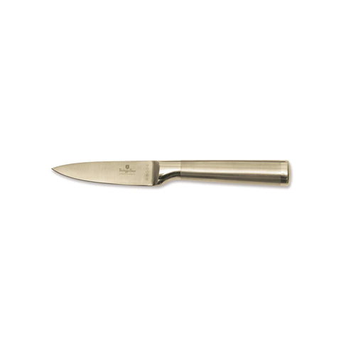 Product image of Paring knife 9cm. Part of the Sahara Collection/Leonardo Collection . Features: • Material: stainless steel with satin and mirror polish handle • Size: 9 cm • Color: gold. (Studio view). Official Berlinger Haus product, boosted by Promintra sl.