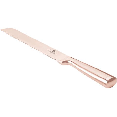 Product image of Bread knife 20cm. Part of the Taupe Collection/Black Rose Collection . Features: • Material: stainless steel with satin and mirror polish handle • Size: 20 cm • Color: rose gold. (Studio view). Official Berlinger Haus product, boosted by Promintra sl.