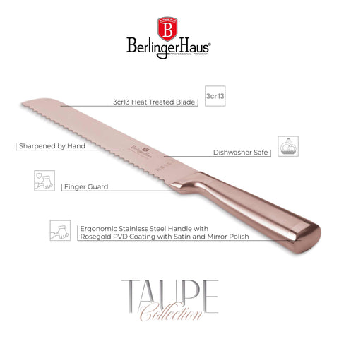 Product image of Bread knife 20cm. Part of the Taupe Collection/Black Rose Collection . Features: • Material: stainless steel with satin and mirror polish handle • Size: 20 cm • Color: rose gold. (Studio view). Official Berlinger Haus product, boosted by Promintra sl.