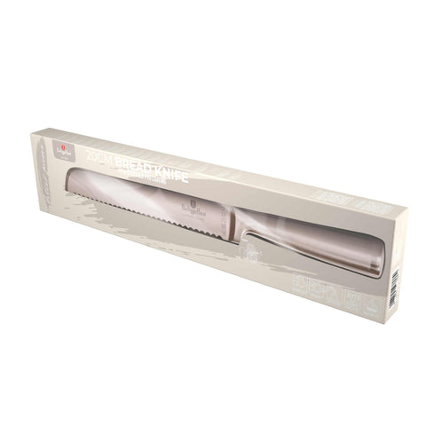 Product image of Bread knife 20cm. Part of the Taupe Collection/Black Rose Collection . Features: • Material: stainless steel with satin and mirror polish handle • Size: 20 cm • Color: rose gold. (Studio view). Official Berlinger Haus product, boosted by Promintra sl.