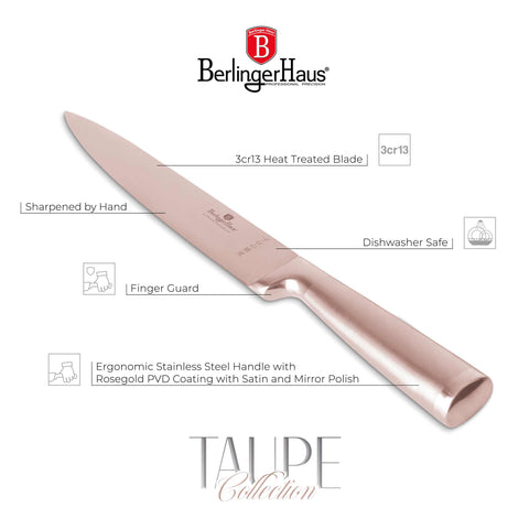 Product image of Slicer knife 20cm. Part of the Taupe Collection/Black Rose Collection . Features: • Material: stainless steel with satin and mirror polish handle • Size: 20 cm • Color: rose gold. (Studio view). Official Berlinger Haus product, boosted by Promintra sl.