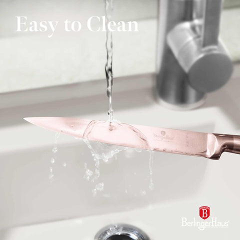 Product image of Slicer knife 20cm. Part of the Taupe Collection/Black Rose Collection . Features: • Material: stainless steel with satin and mirror polish handle • Size: 20 cm • Color: rose gold. (Studio view). Official Berlinger Haus product, boosted by Promintra sl.