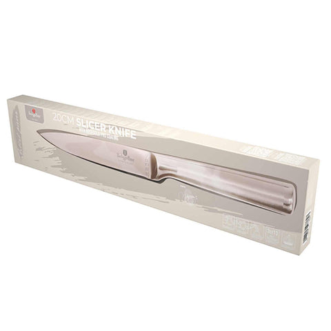 Product image of Slicer knife 20cm. Part of the Taupe Collection/Black Rose Collection . Features: • Material: stainless steel with satin and mirror polish handle • Size: 20 cm • Color: rose gold. (Studio view). Official Berlinger Haus product, boosted by Promintra sl.