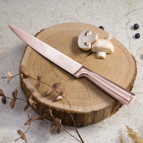 Product image of Slicer knife 20cm. Part of the Taupe Collection/Black Rose Collection . Features: • Material: stainless steel with satin and mirror polish handle • Size: 20 cm • Color: rose gold. (Studio view). Official Berlinger Haus product, boosted by Promintra sl.