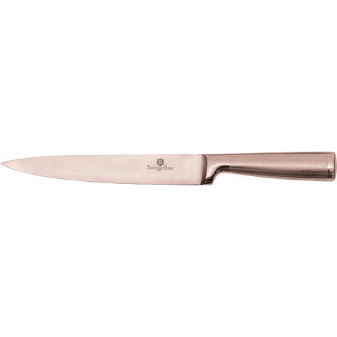 Product image of Slicer knife 20cm. Part of the Taupe Collection/Black Rose Collection . Features: • Material: stainless steel with satin and mirror polish handle • Size: 20 cm • Color: rose gold. (Studio view). Official Berlinger Haus product, boosted by Promintra sl.