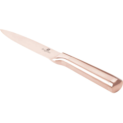 Product image of Utility knife 12,5cm. Part of the Taupe Collection/Black Rose Collection . Features: • Material: stainless steel with satin and mirror polish handle • Size: 12,5 cm • Color: rose gold. (Studio view). Official Berlinger Haus product, boosted by Promintra sl.