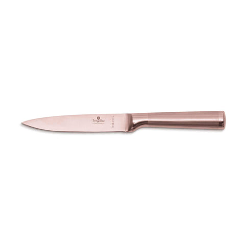 Product image of Utility knife 12,5cm. Part of the Taupe Collection/Black Rose Collection . Features: • Material: stainless steel with satin and mirror polish handle • Size: 12,5 cm • Color: rose gold. (Studio view). Official Berlinger Haus product, boosted by Promintra sl.