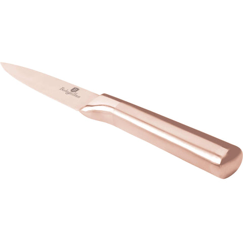 Product image of Paring knife 9cm. Part of the Taupe Collection/Black Rose Collection . Features: • Material: stainless steel with satin and mirror polish handle • Size: 9 cm • Color: rose gold. (Studio view). Official Berlinger Haus product, boosted by Promintra sl.