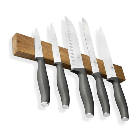 Product image of 6pcs knife set with acacia wood magnetic hanger. Part of the Anthracite Collection . Features: • Material: stainless steel • Chef knife 20 cm • Bread knife 20 cm • Santoku knife 17,5 cm • Utility knife 12,5 cm • Paring knife 9 cm • Acacia woo.... (Studio view). Official Berlinger Haus product, boosted by Promintra sl.