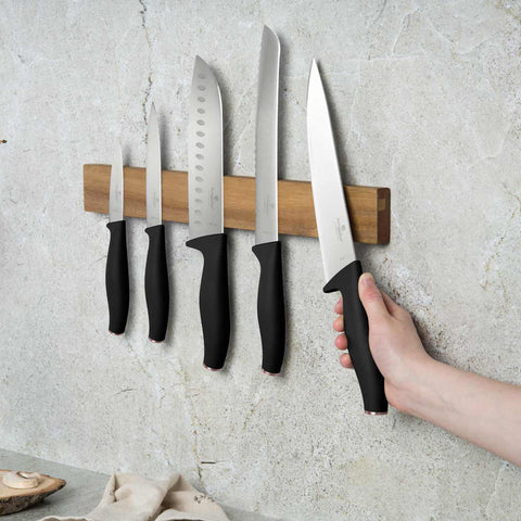 Set De 6 Cuchillos Con Colgador Magnético De Madera De Acacia