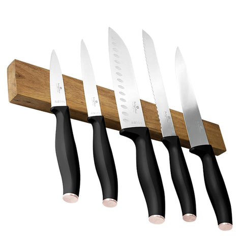 BH/2942, Black Rose Collection, blockknives, colgador de madera de acacia, colgante, cuchillo, cuchillos, juego de cuchillos, juego de cuchillos de 6 piezas con colgador de madera de acacia, juego de cuchillos de 6 piezas con colgador magnético de madera de acacia, kitchenutensil, Knivesset, negro, oro rosa