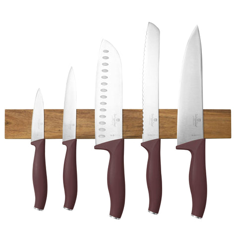 Product image of 6pcs knife set with acacia wood magnetic hanger. Part of the Leonardo Collection . Features: • Material: stainless steel • Chef knife 20 cm • Bread knife 20 cm • Santoku knife 17,5 cm • Utility knife 12,5 cm • Paring knife 9 cm • Acacia woo.... (Studio view). Official Berlinger Haus product, boosted by Promintra sl.