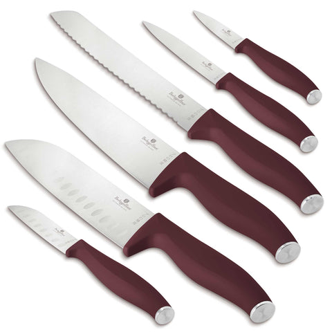 Product image of 6pcs knife set. Part of the Leonardo Collection . Features: • Material: stainless steel • Chef knife 20 cm • Bread knife 20 cm • Santoku knife 17,5 cm • Utility knife 12,5 cm • Paring knife 9 cm • Santoku kn.... (Studio view). Official Berlinger Haus product, boosted by Promintra sl.