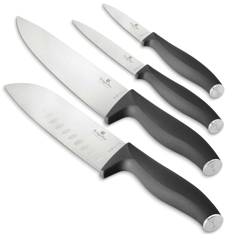 Product image of 4pcs knife set. Part of the Anthracite Collection . Features: • Material: stainless steel • Chef knife 20 cm • Santoku knife 17,5 cm • Utility knife 12,5 cm • Paring knife 9 cm • Color: matt anthracite REGISTE.... (Studio view). Official Berlinger Haus product, boosted by Promintra sl.