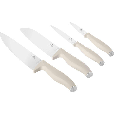 Product image of 4pcs knife set. Part of the Sahara Collection . Features: • Material: stainless steel • Chef knife 20 cm • Santoku knife 17,5 cm • Utility knife 12,5 cm • Paring knife 9 cm • Color: matt cream REGISTERED D.... (Studio view). Official Berlinger Haus product, boosted by Promintra sl.