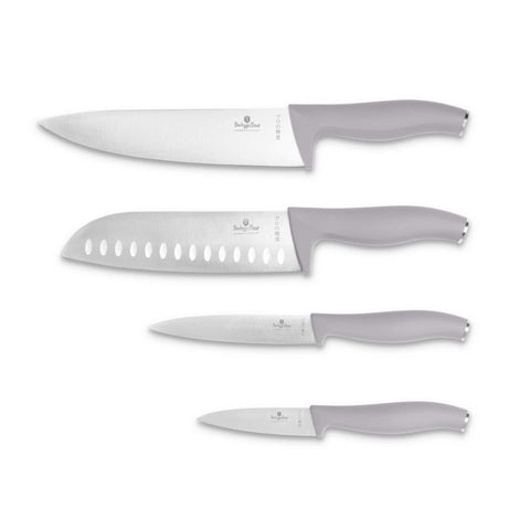 Product image of 4pcs knife set. Part of the Taupe Collection . Features: • Material: stainless steel • Chef knife 20 cm • Santoku knife 17,5 cm • Utility knife 12,5 cm • Paring knife 9 cm • Color: matt taupe REGISTERED D.... (Studio view). Official Berlinger Haus product, boosted by Promintra sl.