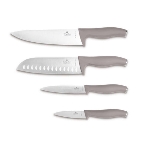 Product image of 4pcs knife set. Part of the Taupe Collection . Features: • Material: stainless steel • Chef knife 20 cm • Santoku knife 17,5 cm • Utility knife 12,5 cm • Paring knife 9 cm • Color: matt taupe REGISTERED D.... (Studio view). Official Berlinger Haus product, boosted by Promintra sl.