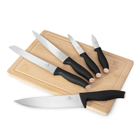 Product image of 6pcs knife set with bamboo cutting board. Part of the Black Rose Collection . Features: • Material: stainless steel • Bread knife 20 cm • Chef knife 20 cm • Slicer knife 20 cm • Utility knife 12,5 cm • Paring knife 9 cm • Bamboo cuttin.... (Studio view). Official Berlinger Haus product, boosted by Promintra sl.