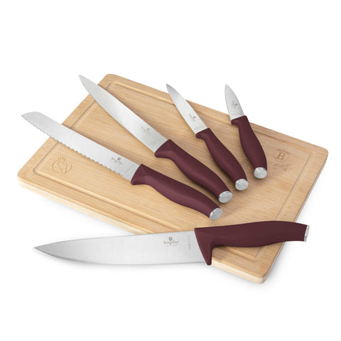 Product image of 6pcs knife set with bamboo cutting board. Part of the Leonardo Collection . Features: • Material: stainless steel • Bread knife 20 cm • Chef knife 20 cm • Slicer knife 20 cm • Utility knife 12,5 cm • Paring knife 9 cm • Bamboo cuttin.... (Studio view). Official Berlinger Haus product, boosted by Promintra sl.