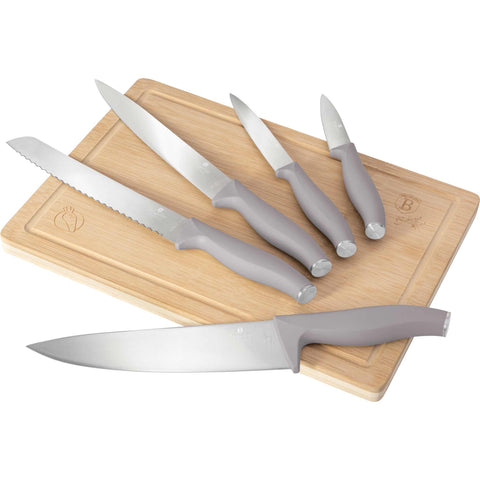 Product image of 6pcs knife set with bamboo cutting board. Part of the Taupe Collection . Features: • Material: stainless steel • Bread knife 20 cm • Chef knife 20 cm • Slicer knife 20 cm • Utility knife 12,5 cm • Paring knife 9 cm • Bamboo cuttin.... (Studio view). Official Berlinger Haus product, boosted by Promintra sl.