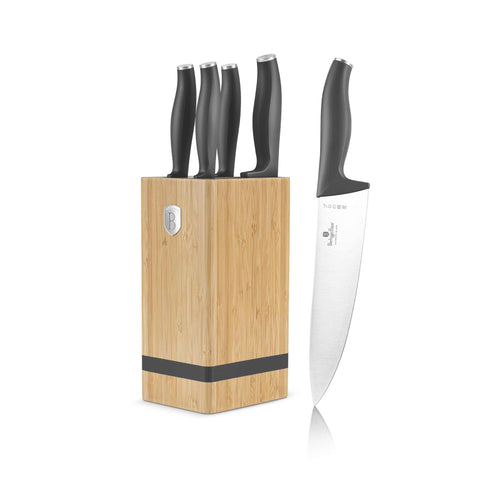 Product image of 6pcs knife set with BAMBOO stand. Part of the Anthracite Collection . Features: • Material: stainless steel • Chef knife 20 cm • Bread knife 20 cm • Santoku knife 17,5 cm • Utility knife 12,5 cm • Paring knife 9 cm • BAMBOO sta.... (Studio view). Official Berlinger Haus product, boosted by Promintra sl.