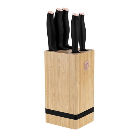 BH/2970, conjunto de 6 facas com suporte de bambu, preto, ouro rosa, conjunto de 6 facas com suporte de bambu, conjunto de facas, facas, faca, suporte, bambu