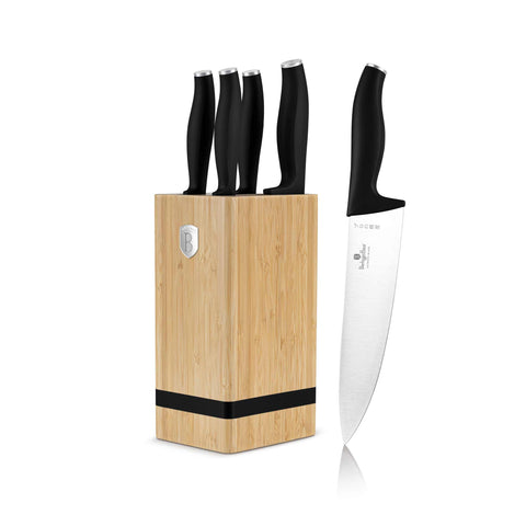 Product image of 6pcs knife set with BAMBOO stand. Part of the Black Vantage Collection/Matte Black Collection/Black Silver Collection . Features: • Material: stainless steel • Chef knife 20 cm • Bread knife 20 cm • Santoku knife 17,5 cm • Utility knife 12,5 cm • Paring knife 9 cm • BAMBOO sta.... (Studio view). Official Berlinger Haus product, boosted by Promintra sl.