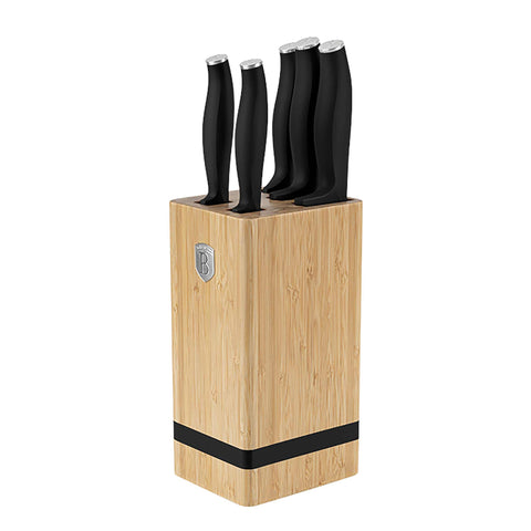 bambú, BH/2971, Black Silver Collection, Black Vantage Collection, blockknives, cuchillo, cuchillos, juego de 6 cuchillos con soporte de bambú, juego de cuchillos, kitchenutensil, Knivesset, Matte Black Collection, negro, plateado, tabla de cortar