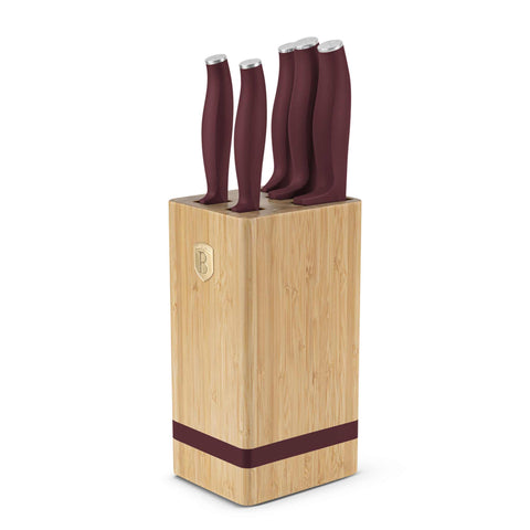 Product image of 6pcs knife set with BAMBOO stand. Part of the Leonardo Collection . Features: • Material: stainless steel • Chef knife 20 cm • Bread knife 20 cm • Santoku knife 17,5 cm • Utility knife 12,5 cm • Paring knife 9 cm • BAMBOO sta.... (Studio view). Official Berlinger Haus product, boosted by Promintra sl.